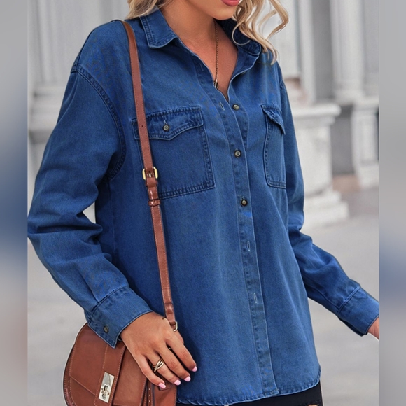 Collared Neck Dropped Shoulder Denim Top - Dark - Picture 3 of 7